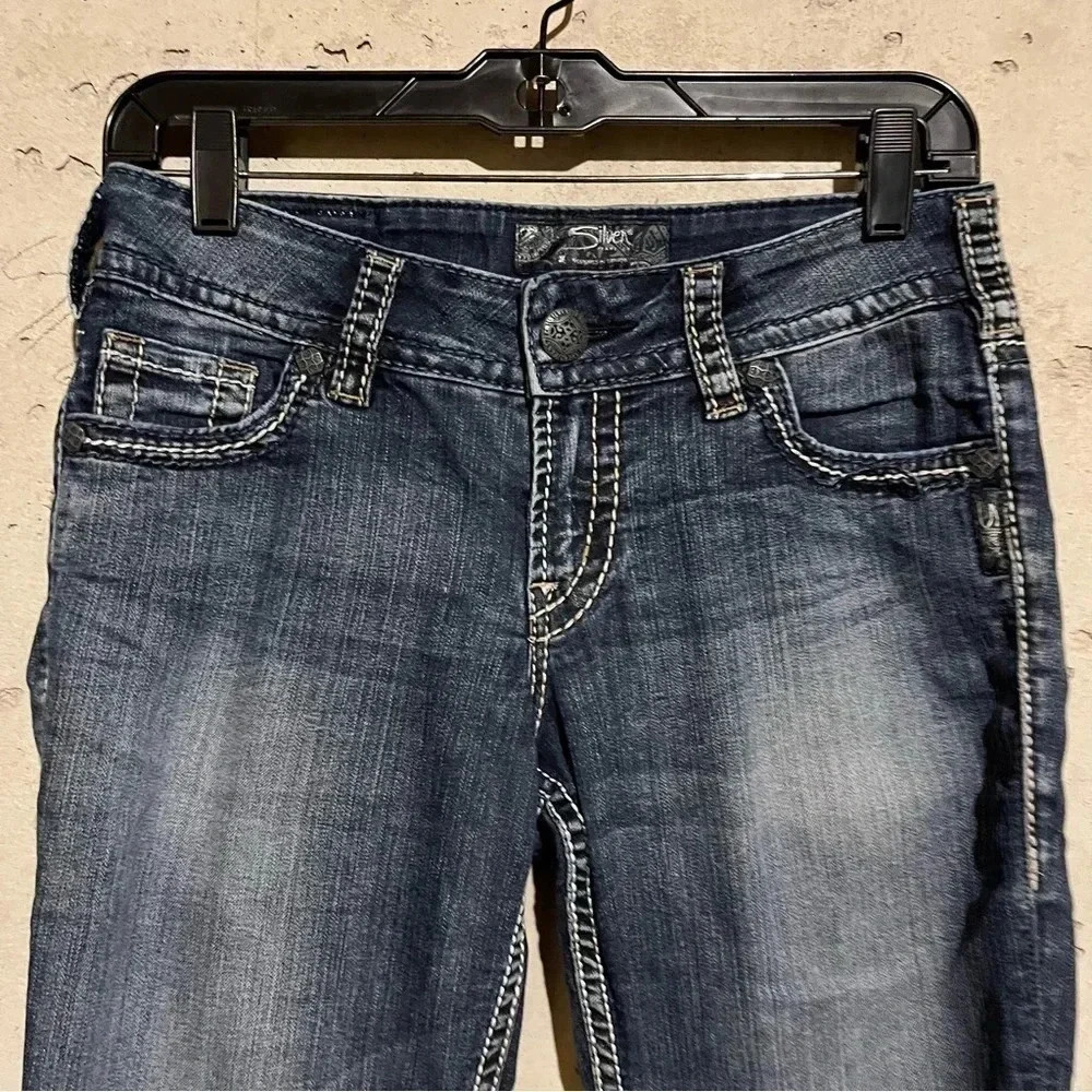 Silver Suki Capri Jeans Womens 27 Blue Low Rise Crop Cuffed Denim Thick Stitch - Picture 2 of 11